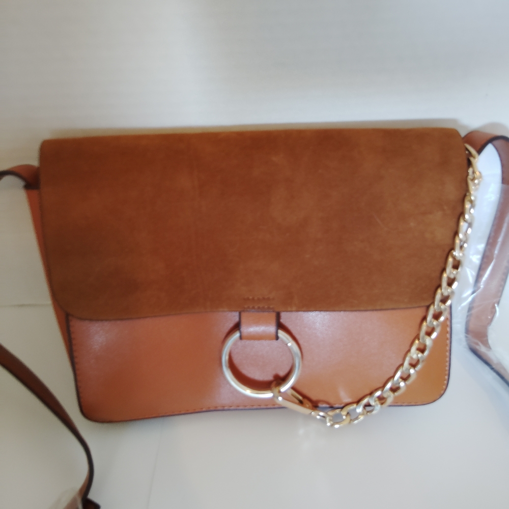 Brown Suede and Leather Shoulder Bag with Gold Chain